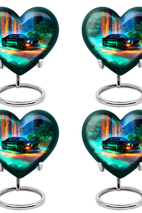 Slate Blue Car Cremation Urn angled view of lid and engraved motif - heart-shaped car design symbolizing eternal love - 10 inch aluminum urn for cremated remains