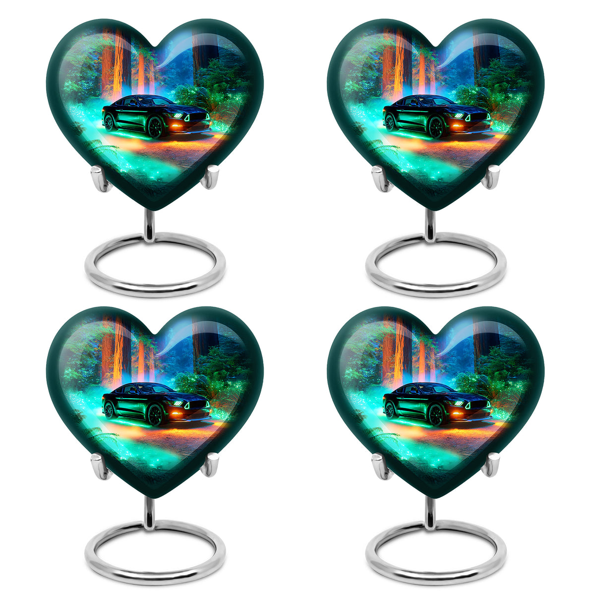 Slate Blue Car Cremation Urn angled view of lid and engraved motif - heart-shaped car design symbolizing eternal love - 10 inch aluminum urn for cremated remains