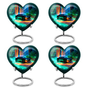 Slate Blue Car Cremation Urn angled view of lid and engraved motif - heart-shaped car design symbolizing eternal love - 10 inch aluminum urn for cremated remains