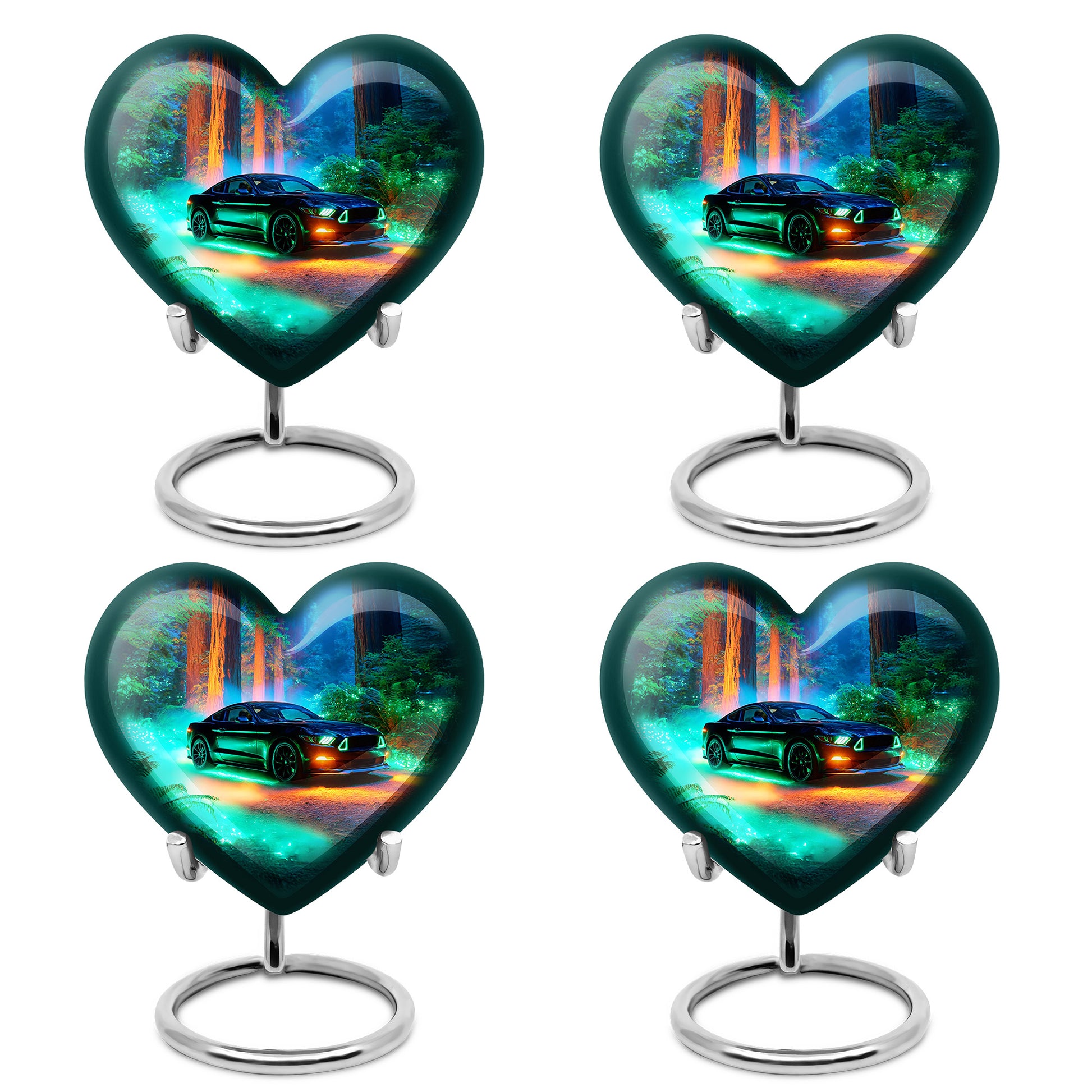 Slate Blue Car Cremation Urn angled view of lid and engraved motif - heart-shaped car design symbolizing eternal love - 10 inch aluminum urn for cremated remains