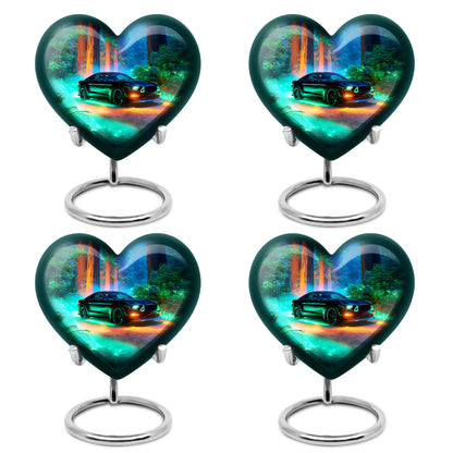 Slate Blue Car Cremation Urn angled view of lid and engraved motif - heart-shaped car design symbolizing eternal love - 10 inch aluminum urn for cremated remains
