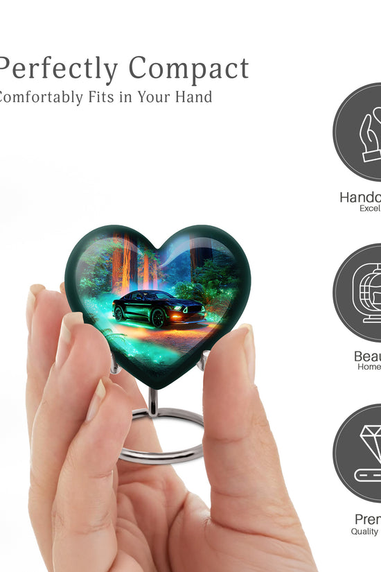 Navy Blue Car Cremation Urn front view showing detailed design - heart-shaped car design symbolizing eternal love - mini keepsake memorial for portion of cremation ashes
