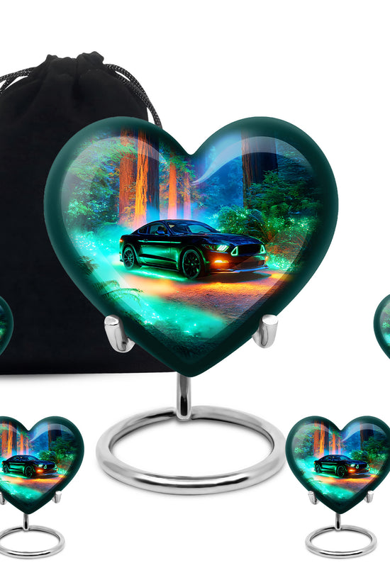 Indigo Car Cremation Urn close-up of engraving and surface detail - loving heart memorial featuring car pattern - memorial set with one large and four small urns