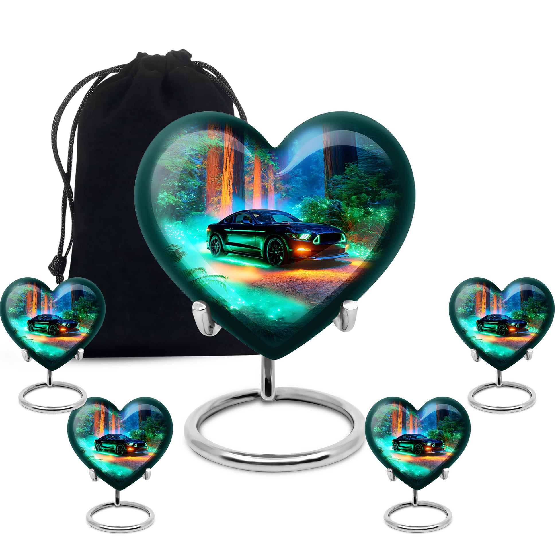 Indigo Car Cremation Urn close-up of engraving and surface detail - loving heart memorial featuring car pattern - memorial set with one large and four small urns