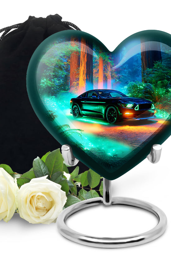 Steel Blue Car Cremation Urn detail view - romantic heart urn with car motif on aluminum - full-size 10 inch 200 cubic inch adult cremation urn