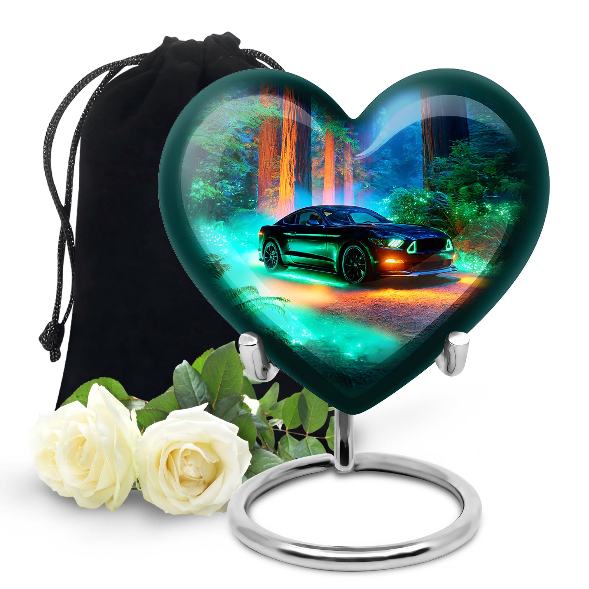 Steel Blue Car Cremation Urn detail view - romantic heart urn with car motif on aluminum - full-size 10 inch 200 cubic inch adult cremation urn