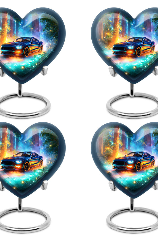 Ocean Teal Car Cremation Urn angled view of lid and engraved motif - loving heart memorial featuring car pattern - 10 inch aluminum urn for cremated remains