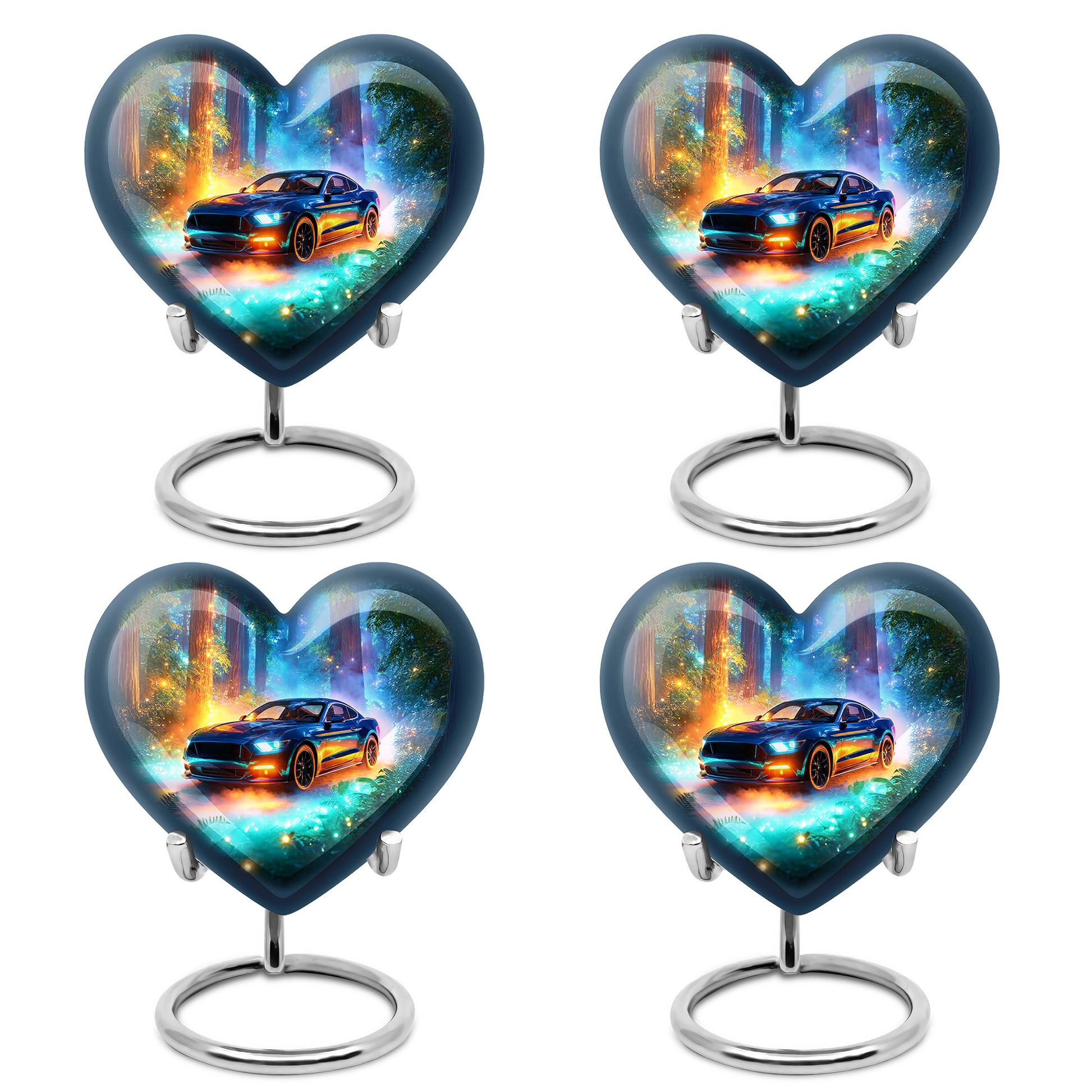 Ocean Teal Car Cremation Urn angled view of lid and engraved motif - loving heart memorial featuring car pattern - 10 inch aluminum urn for cremated remains