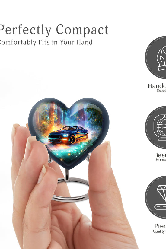 Cool Teal Car Cremation Urn front view showing detailed design - heart-shaped car design symbolizing eternal love - mini keepsake memorial for portion of cremation ashes
