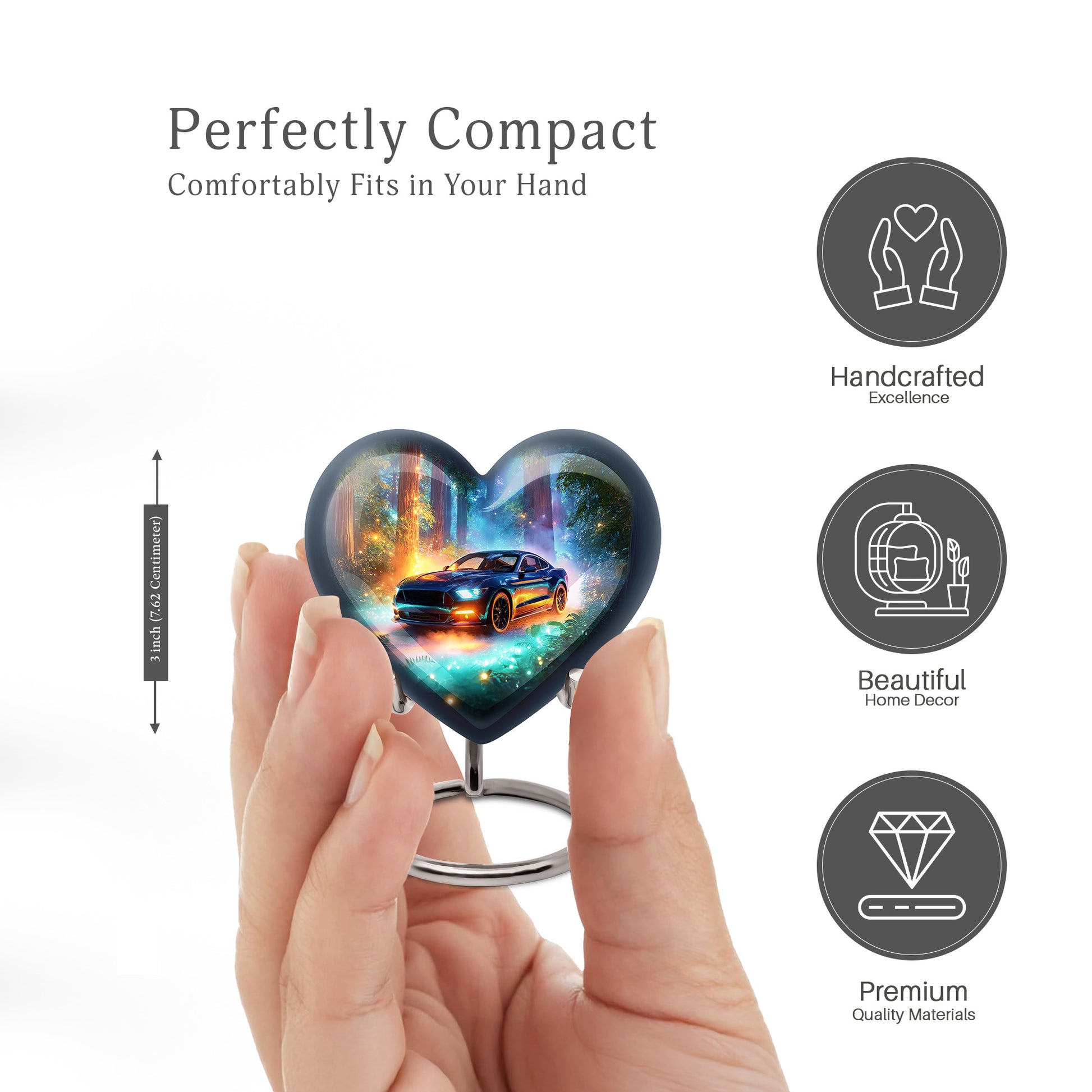 Cool Teal Car Cremation Urn front view showing detailed design - heart-shaped car design symbolizing eternal love - mini keepsake memorial for portion of cremation ashes