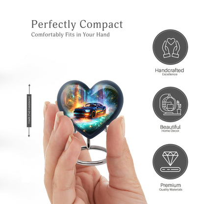 Cool Teal Car Cremation Urn front view showing detailed design - heart-shaped car design symbolizing eternal love - mini keepsake memorial for portion of cremation ashes