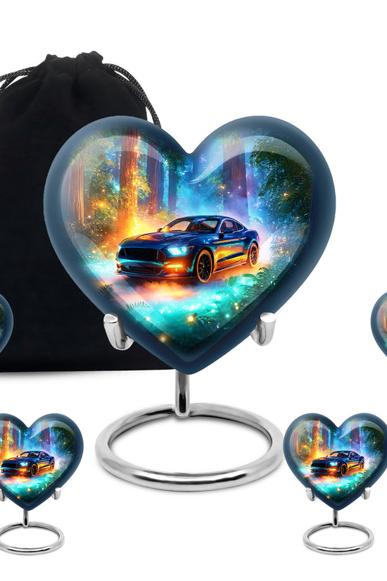 Vivid Teal Car Cremation Urn close-up of engraving and surface detail - compassionate heart-car combination with gentle curves - memorial set with one large and four small urns