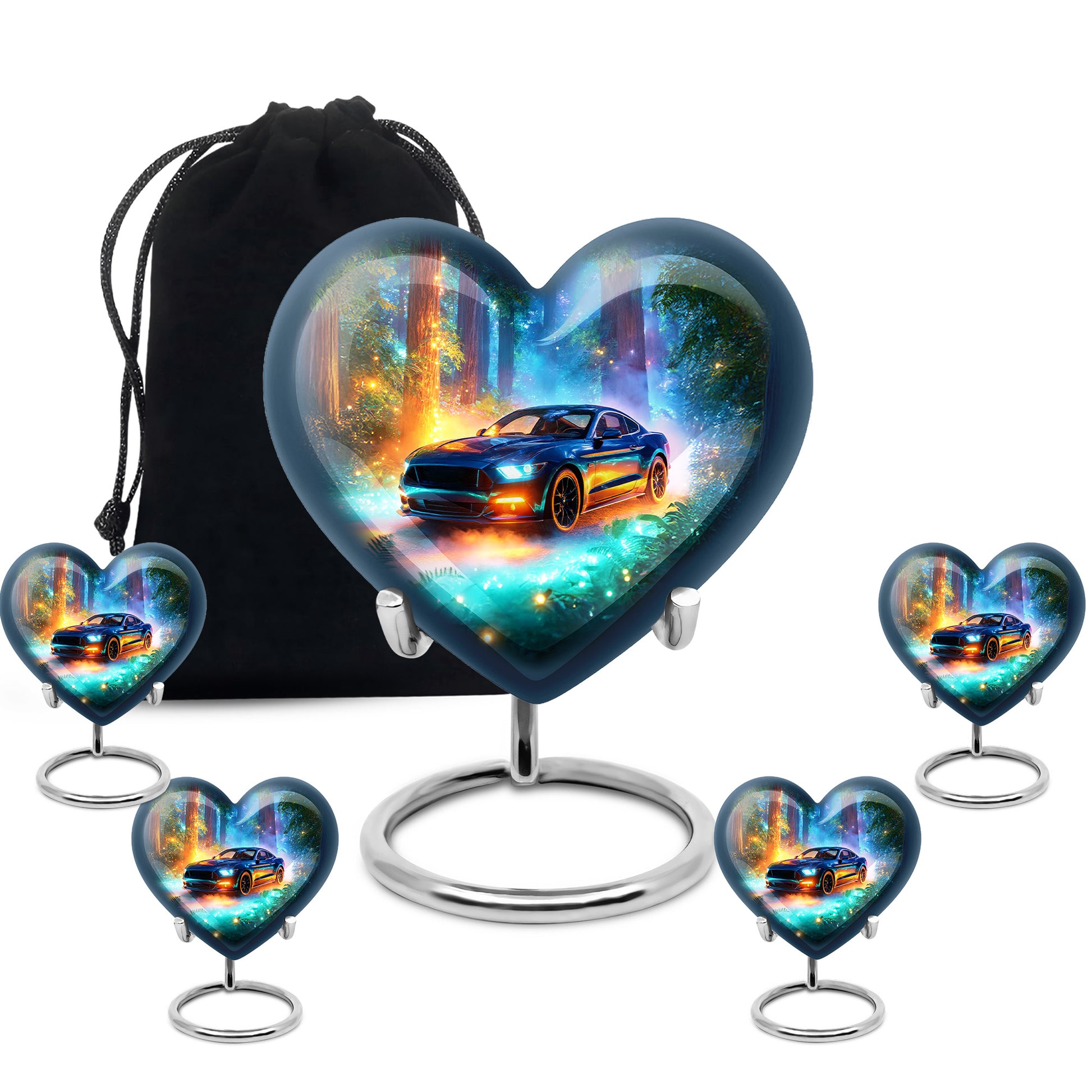 Vivid Teal Car Cremation Urn close-up of engraving and surface detail - compassionate heart-car combination with gentle curves - memorial set with one large and four small urns