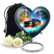 Aqua Teal Car Cremation Urn detail view - compassionate heart-car combination with gentle curves - full-size 10 inch 200 cubic inch adult cremation urn