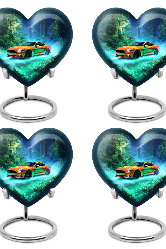 Sea Green Teal Car Cremation Urn angled view of lid and engraved motif - loving heart memorial featuring car pattern - 10 inch aluminum urn for cremated remains