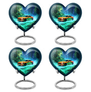 Sea Green Teal Car Cremation Urn angled view of lid and engraved motif - loving heart memorial featuring car pattern - 10 inch aluminum urn for cremated remains