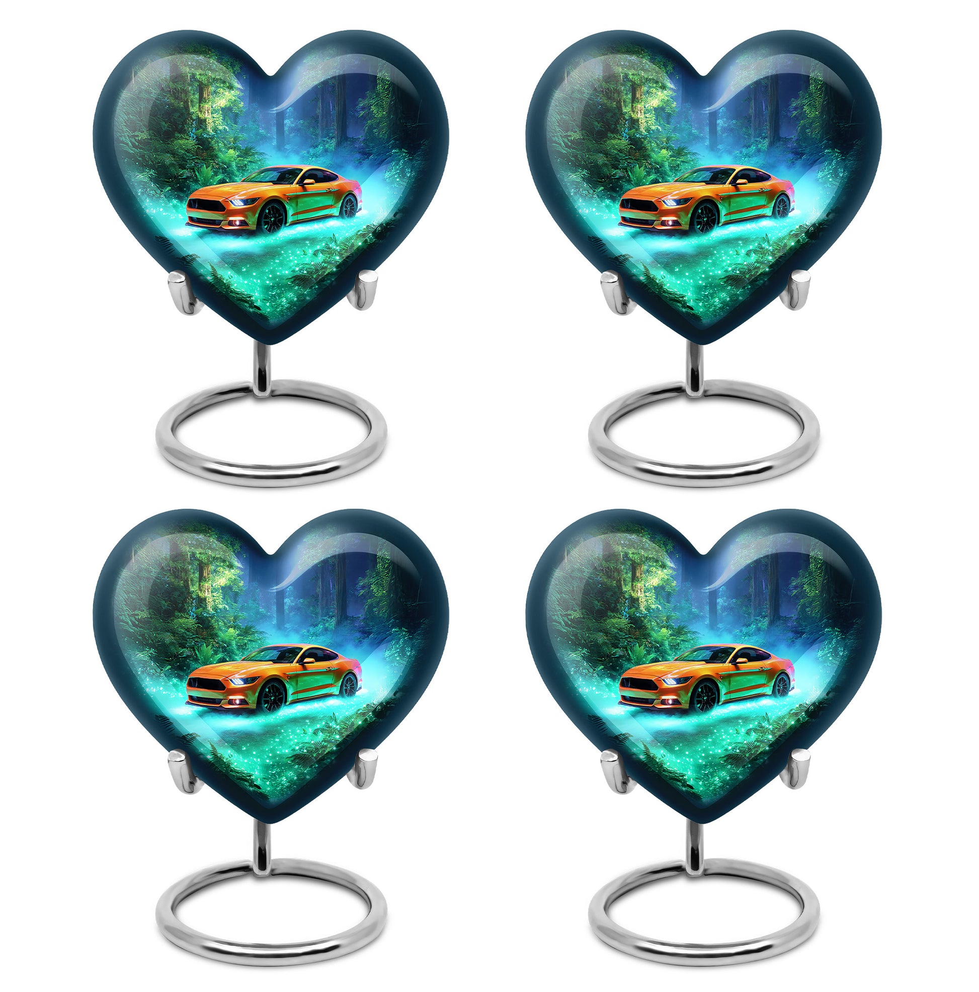 Sea Green Teal Car Cremation Urn angled view of lid and engraved motif - loving heart memorial featuring car pattern - 10 inch aluminum urn for cremated remains