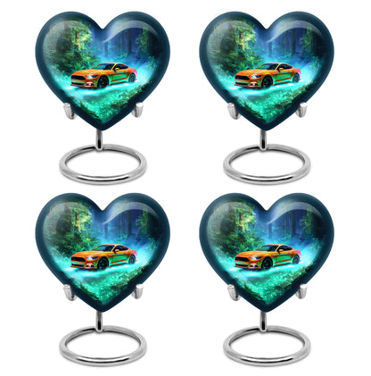 Sea Green Teal Car Cremation Urn angled view of lid and engraved motif - loving heart memorial featuring car pattern - 10 inch aluminum urn for cremated remains