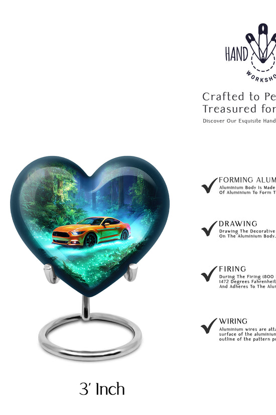 Soft Teal Car Cremation Urn front view showing detailed design - heart-shaped car design symbolizing eternal love - mini keepsake memorial for portion of cremation ashes