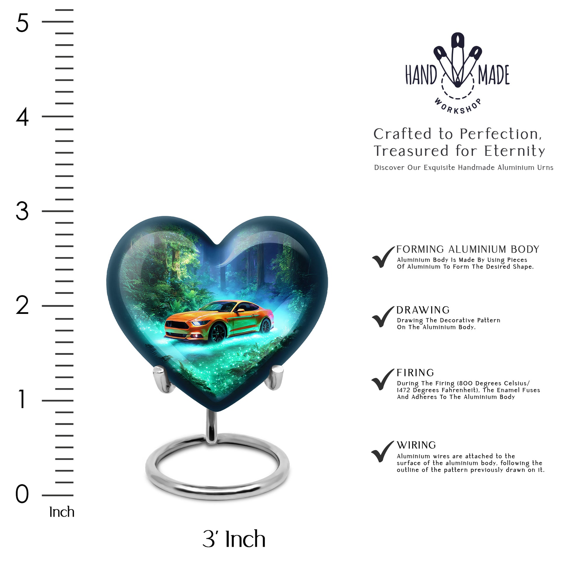 Soft Teal Car Cremation Urn front view showing detailed design - heart-shaped car design symbolizing eternal love - mini keepsake memorial for portion of cremation ashes