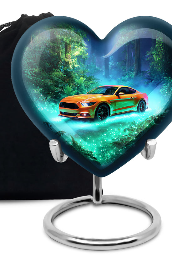 Soft Teal Car Cremation Urn detail view - loving heart memorial featuring car pattern - full-size 10 inch 200 cubic inch adult cremation urn