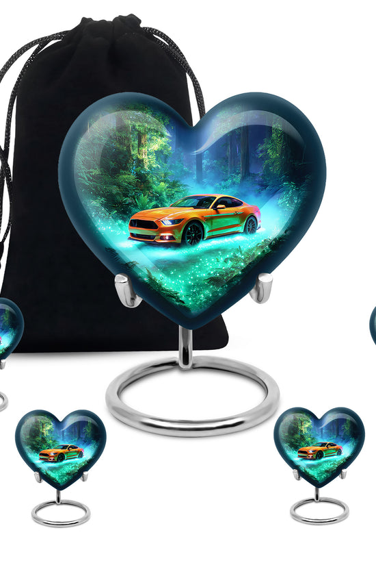 Mystic Teal Car Cremation Urn close-up of engraving and surface detail - compassionate heart-car combination with gentle curves - memorial set with one large and four small urns