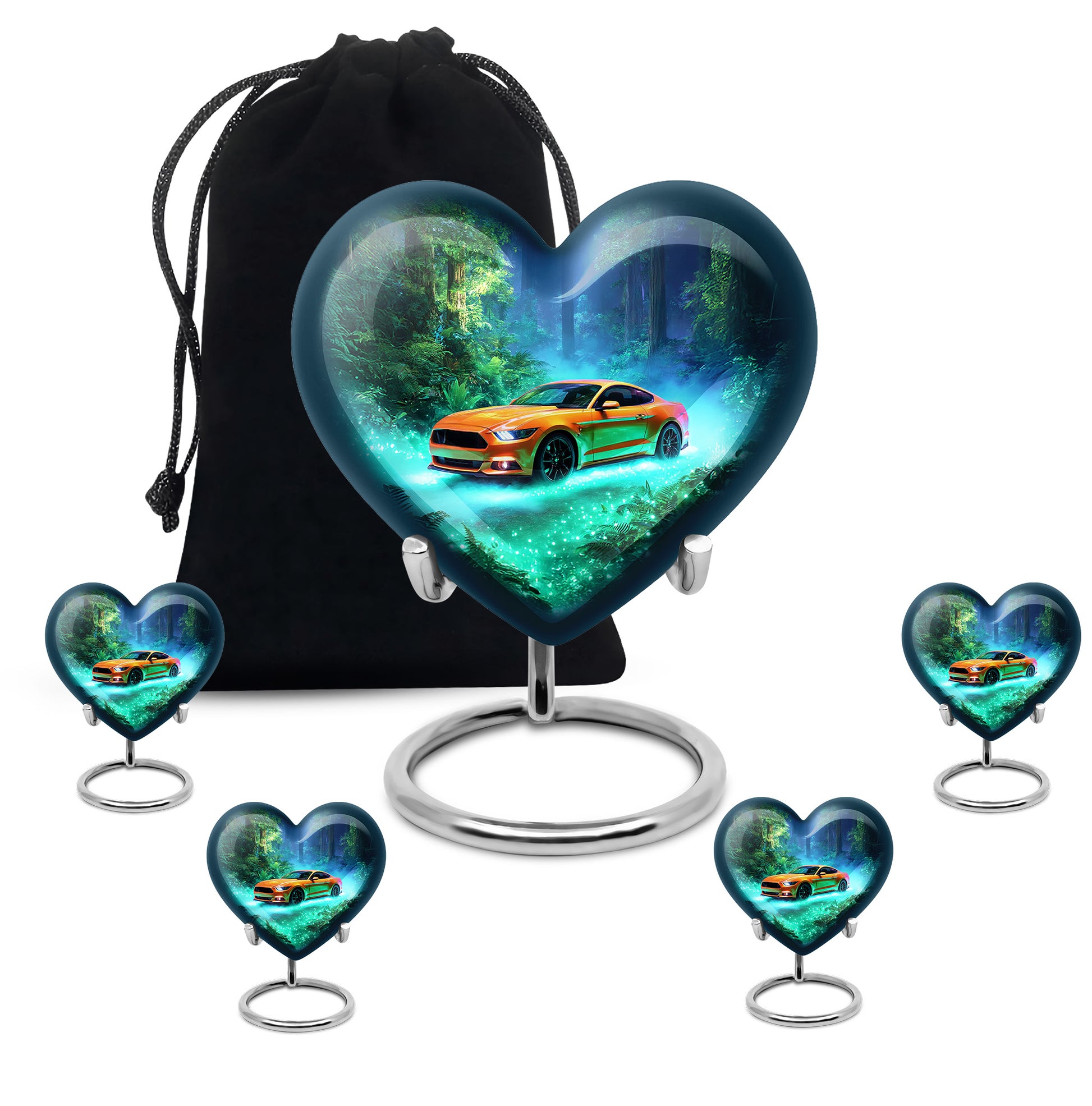 Mystic Teal Car Cremation Urn close-up of engraving and surface detail - compassionate heart-car combination with gentle curves - memorial set with one large and four small urns