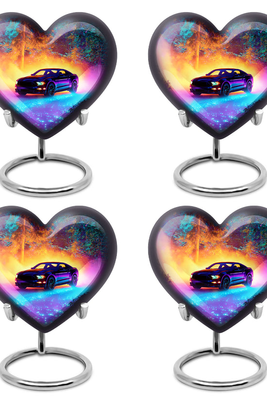 Twilight Blue Car Cremation Urn angled view of lid and engraved motif - compassionate heart-car combination with gentle curves - 10 inch aluminum urn for cremated remains
