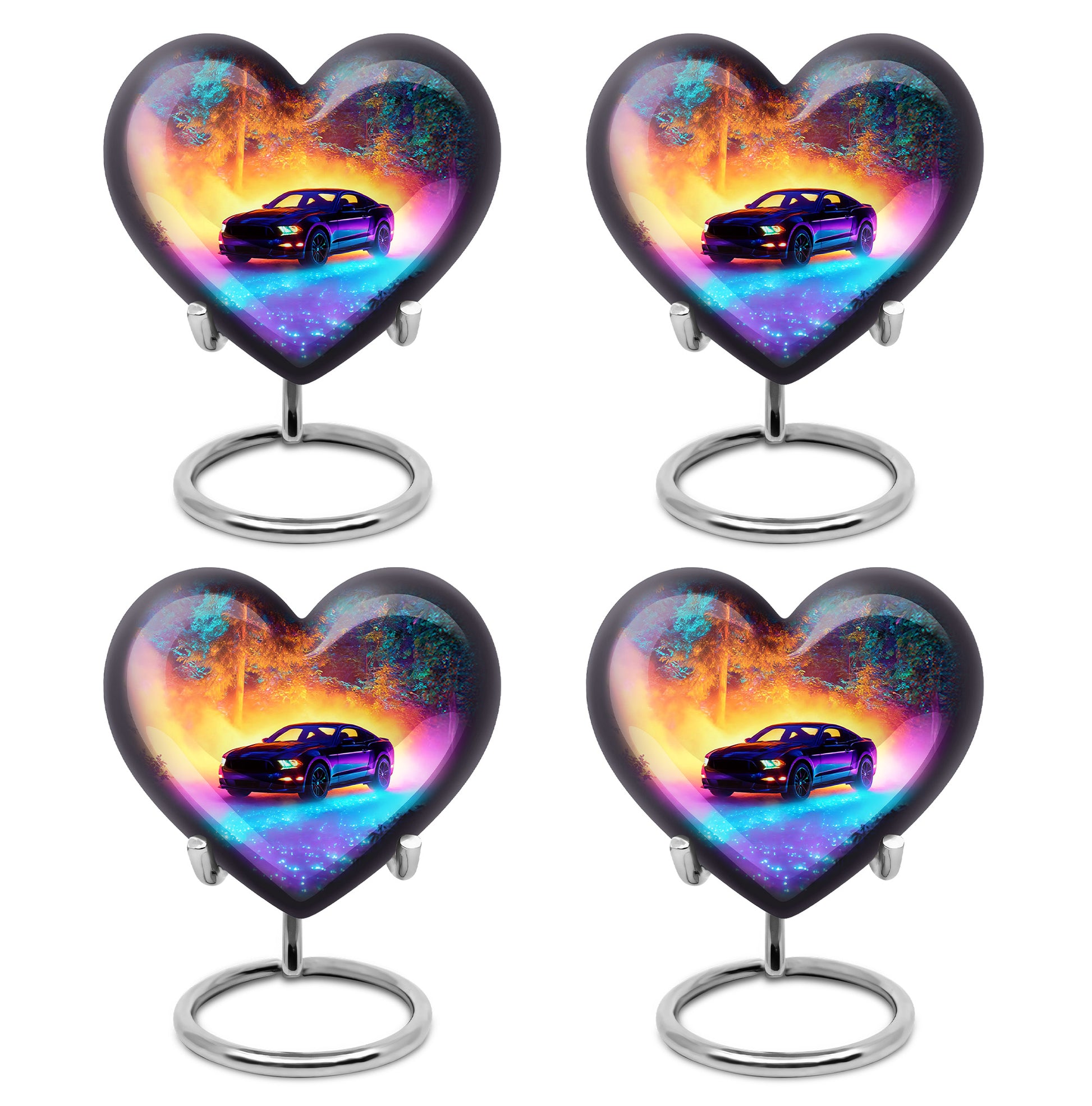 Twilight Blue Car Cremation Urn angled view of lid and engraved motif - compassionate heart-car combination with gentle curves - 10 inch aluminum urn for cremated remains