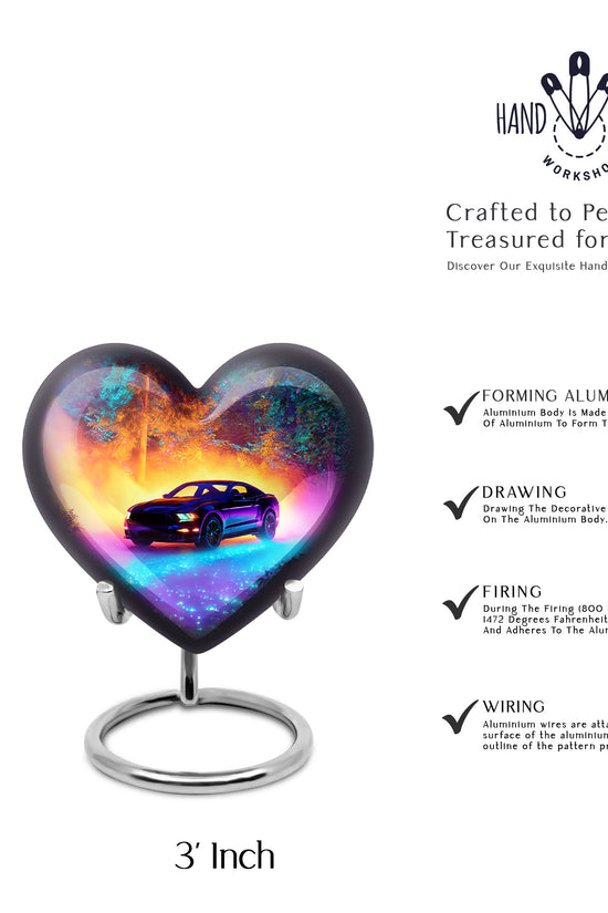 Dusty Blue Car Cremation Urn front view showing detailed design - loving heart memorial featuring car pattern - mini keepsake memorial for portion of cremation ashes