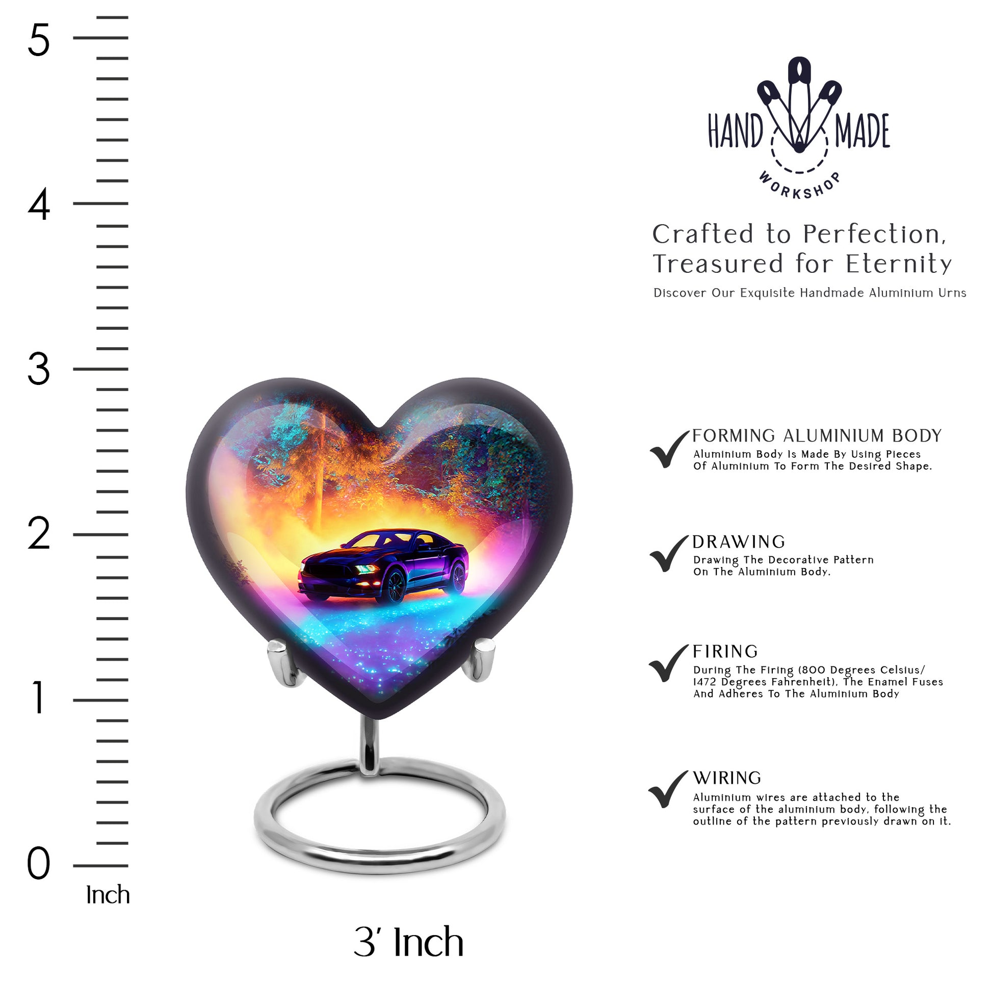 Dusty Blue Car Cremation Urn front view showing detailed design - loving heart memorial featuring car pattern - mini keepsake memorial for portion of cremation ashes