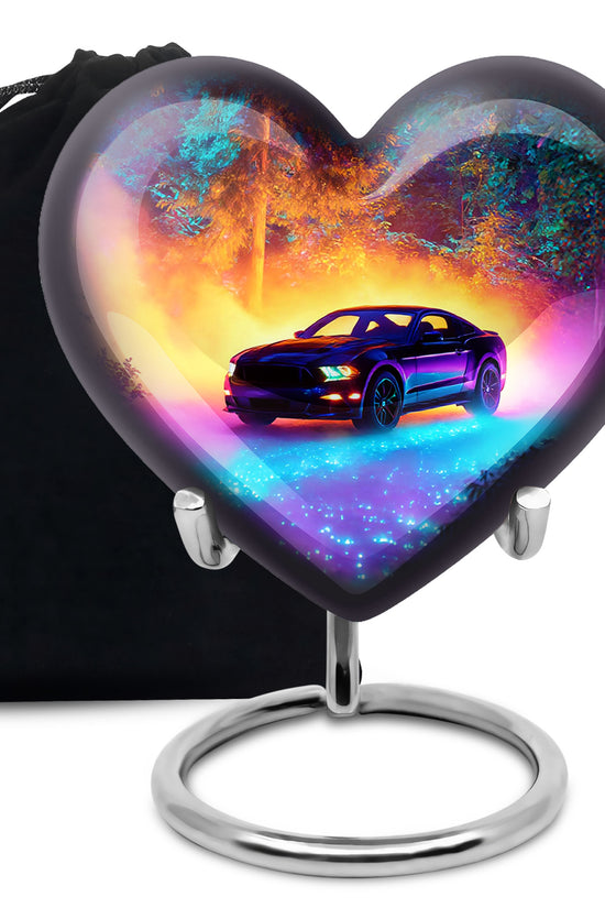 Icy Blue Car Cremation Urn detail view - heart-shaped car design symbolizing eternal love - full-size 10 inch 200 cubic inch adult cremation urn