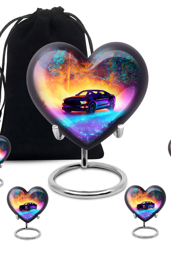 Cobalt Blue Car Cremation Urn close-up of engraving and surface detail - romantic heart urn with car motif on aluminum - memorial set with one large and four small urns