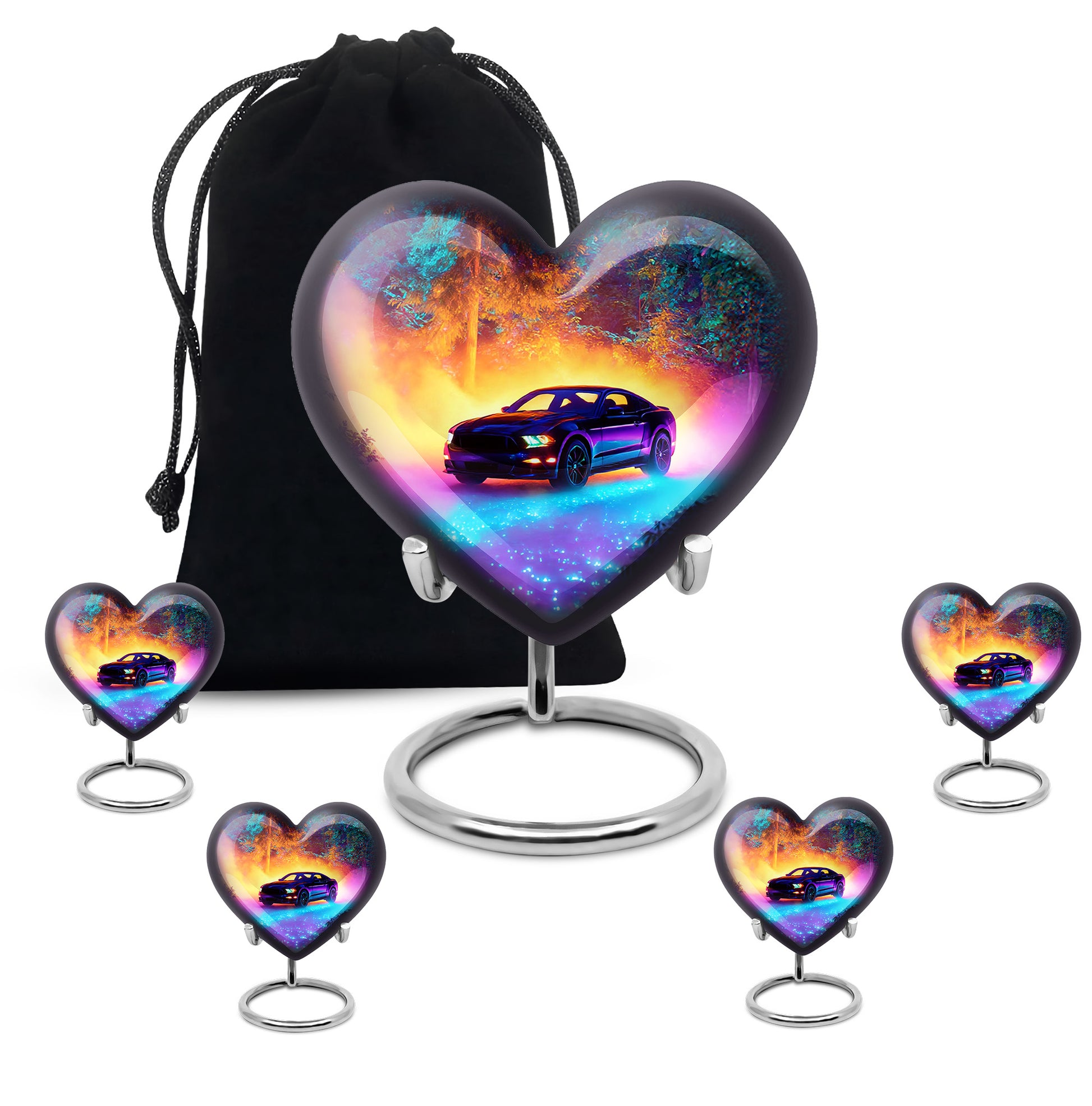 Cobalt Blue Car Cremation Urn close-up of engraving and surface detail - romantic heart urn with car motif on aluminum - memorial set with one large and four small urns