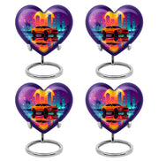 Grape Purple Car Cremation Urn angled view of lid and engraved motif - compassionate heart-car combination with gentle curves - 10 inch aluminum urn for cremated remains