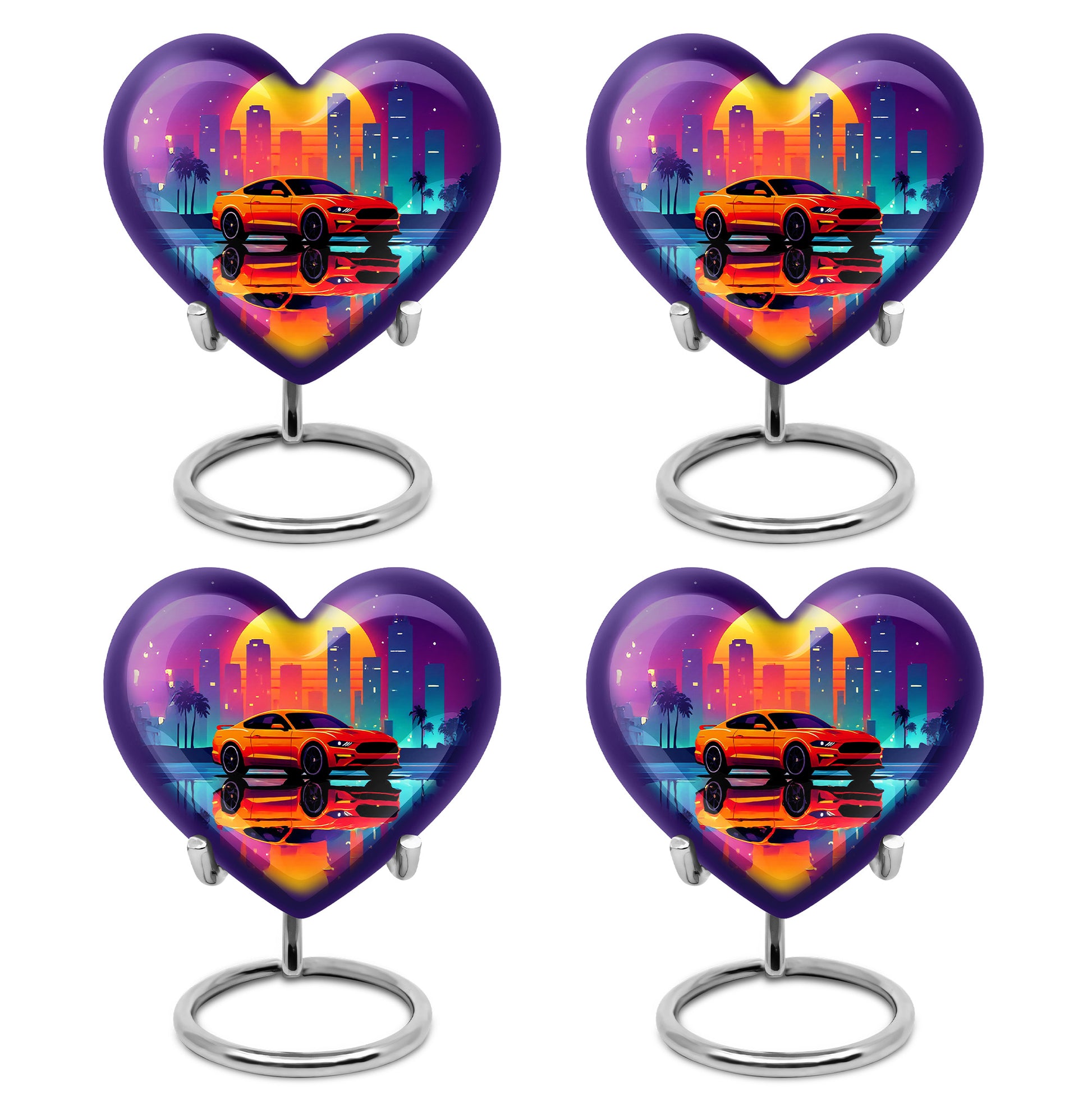 Grape Purple Car Cremation Urn angled view of lid and engraved motif - compassionate heart-car combination with gentle curves - 10 inch aluminum urn for cremated remains