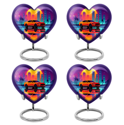 Grape Purple Car Cremation Urn angled view of lid and engraved motif - compassionate heart-car combination with gentle curves - 10 inch aluminum urn for cremated remains