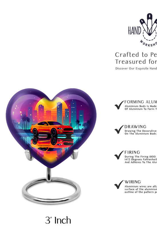 Royal Purple Car Cremation Urn front view showing detailed design - romantic heart urn with car motif on aluminum - mini keepsake memorial for portion of cremation ashes