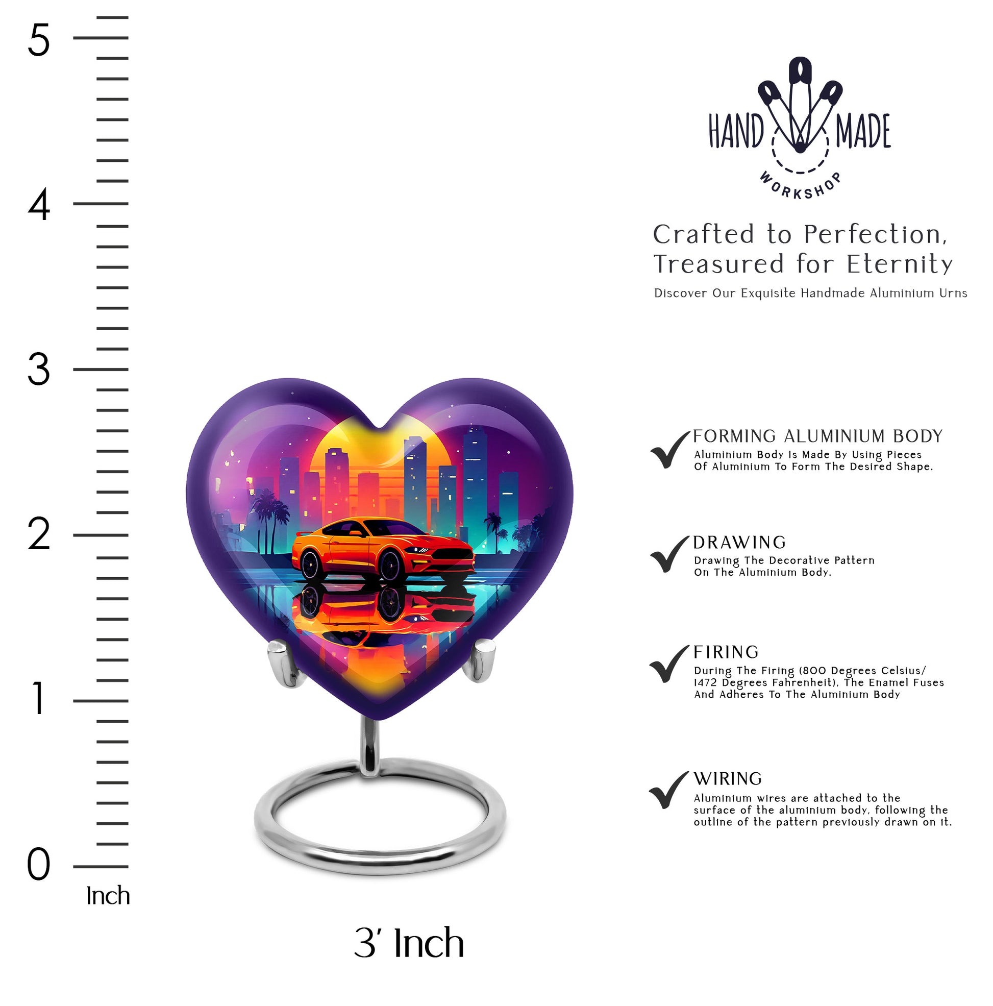Royal Purple Car Cremation Urn front view showing detailed design - romantic heart urn with car motif on aluminum - mini keepsake memorial for portion of cremation ashes