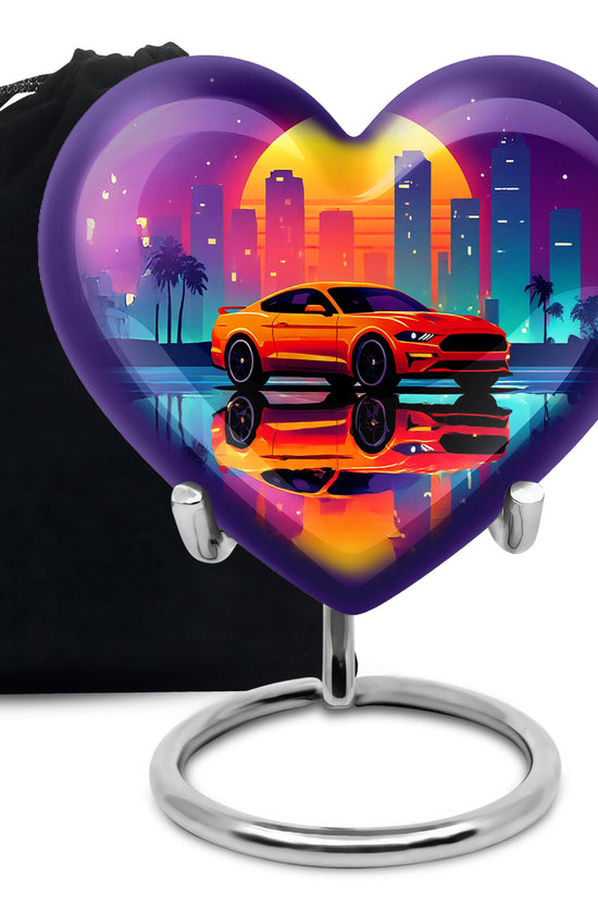 Deep Purple Car Cremation Urn detail view - loving heart memorial featuring car pattern - full-size 10 inch 200 cubic inch adult cremation urn