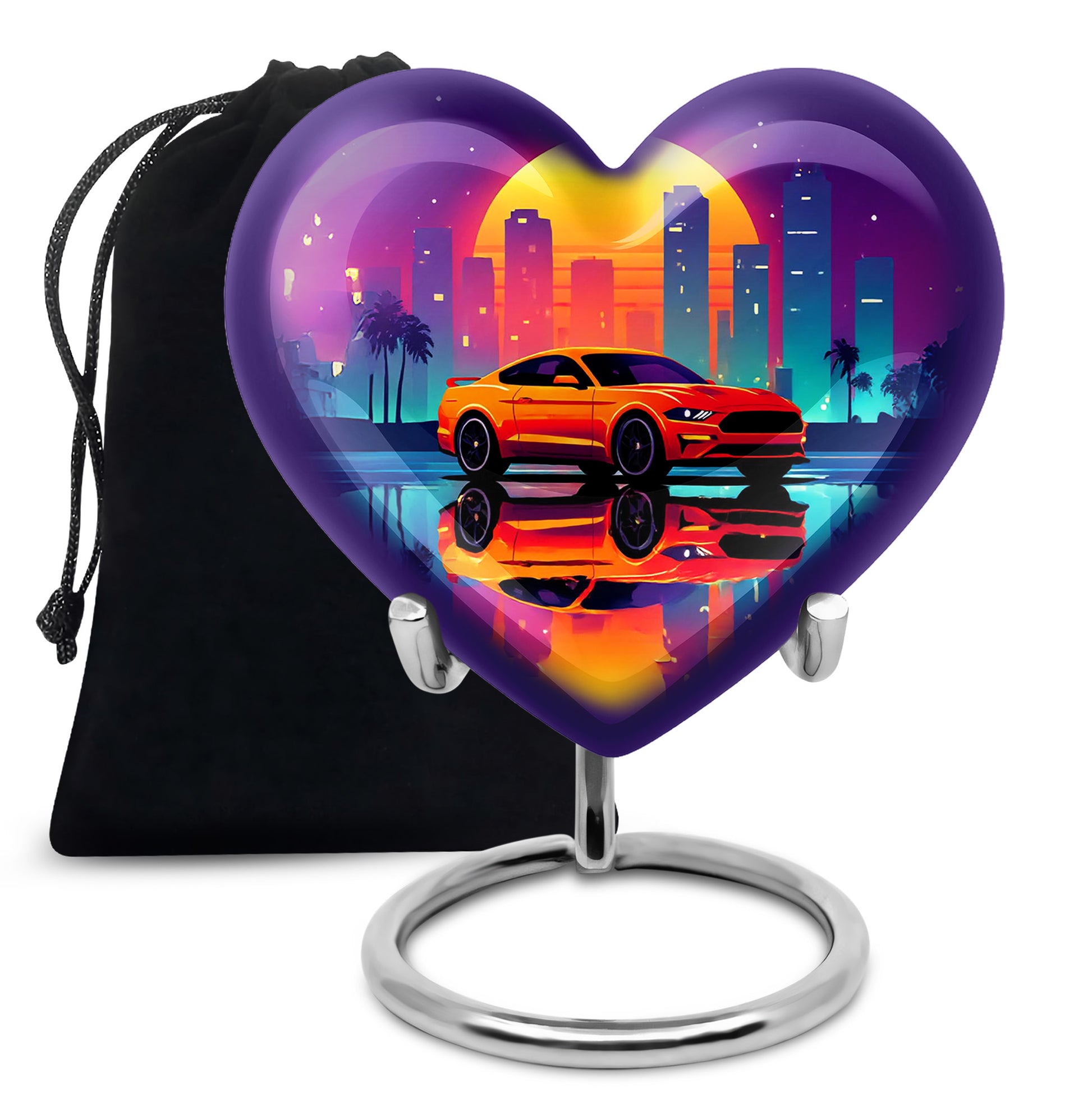 Deep Purple Car Cremation Urn detail view - loving heart memorial featuring car pattern - full-size 10 inch 200 cubic inch adult cremation urn