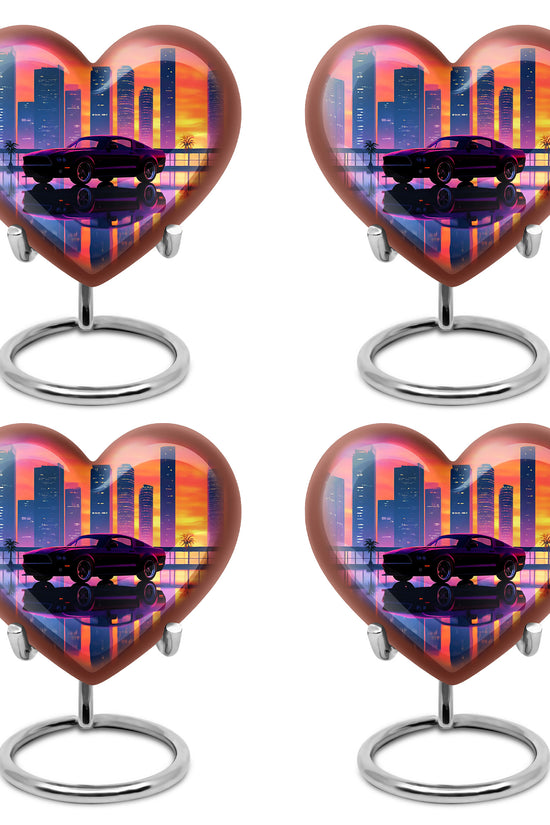 Blush Pink Car Cremation Urn angled view of lid and engraved motif - loving heart memorial featuring car pattern - 10 inch aluminum urn for cremated remains