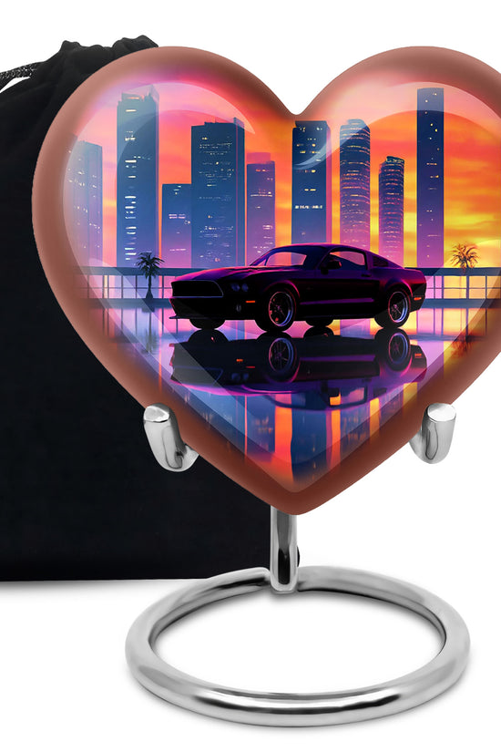 Rose Pink Car Cremation Urn detail view - loving heart memorial featuring car pattern - full-size 10 inch 200 cubic inch adult cremation urn
