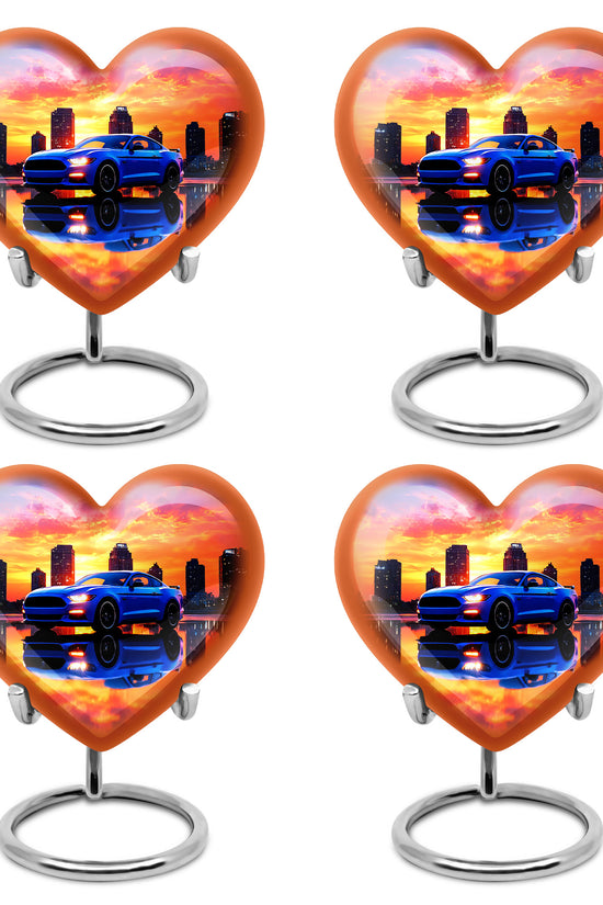 Deep Purple Car Cremation Urn angled view of lid and engraved motif - heart-shaped car design symbolizing eternal love - 10 inch aluminum urn for cremated remains