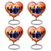 Deep Purple Car Cremation Urn angled view of lid and engraved motif - heart-shaped car design symbolizing eternal love - 10 inch aluminum urn for cremated remains
