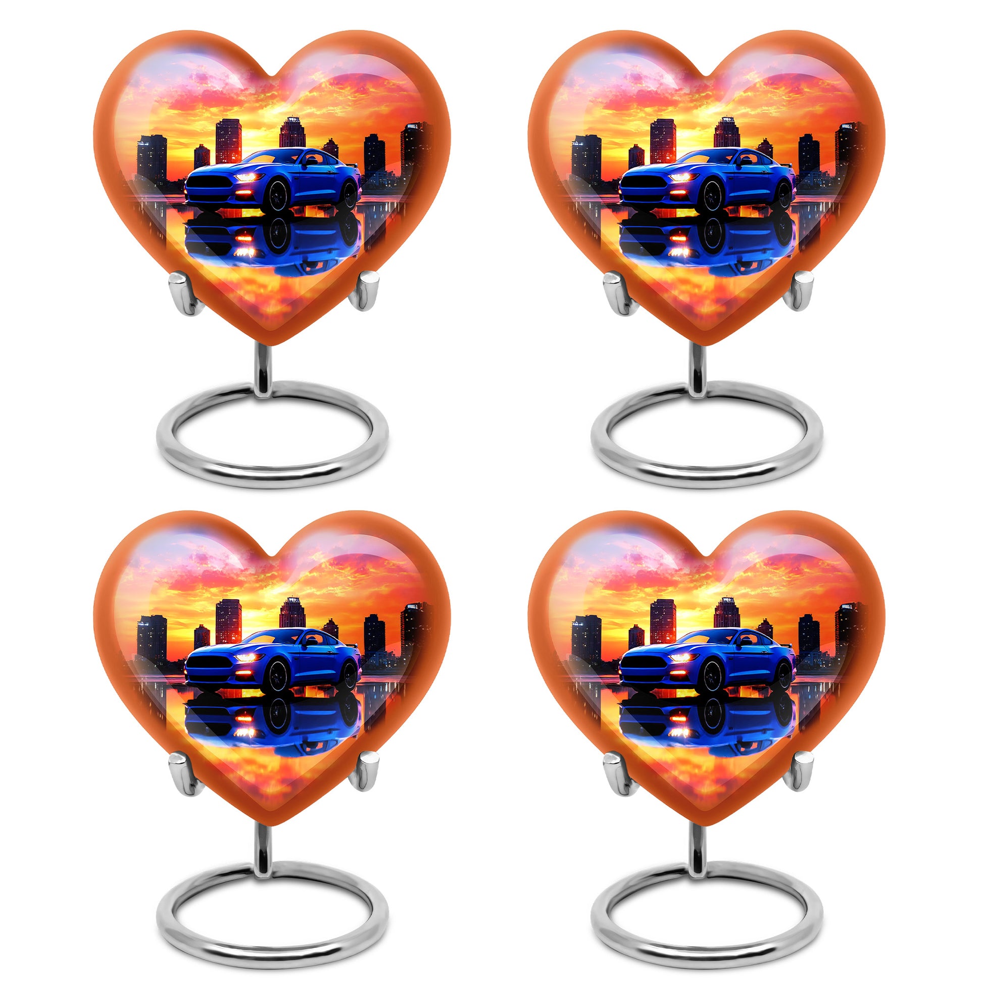 Deep Purple Car Cremation Urn angled view of lid and engraved motif - heart-shaped car design symbolizing eternal love - 10 inch aluminum urn for cremated remains
