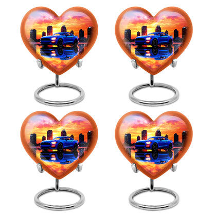 Deep Purple Car Cremation Urn angled view of lid and engraved motif - heart-shaped car design symbolizing eternal love - 10 inch aluminum urn for cremated remains