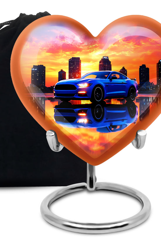 Deep Purple Car Cremation Urn detail view - loving heart memorial featuring car pattern - full-size 10 inch 200 cubic inch adult cremation urn