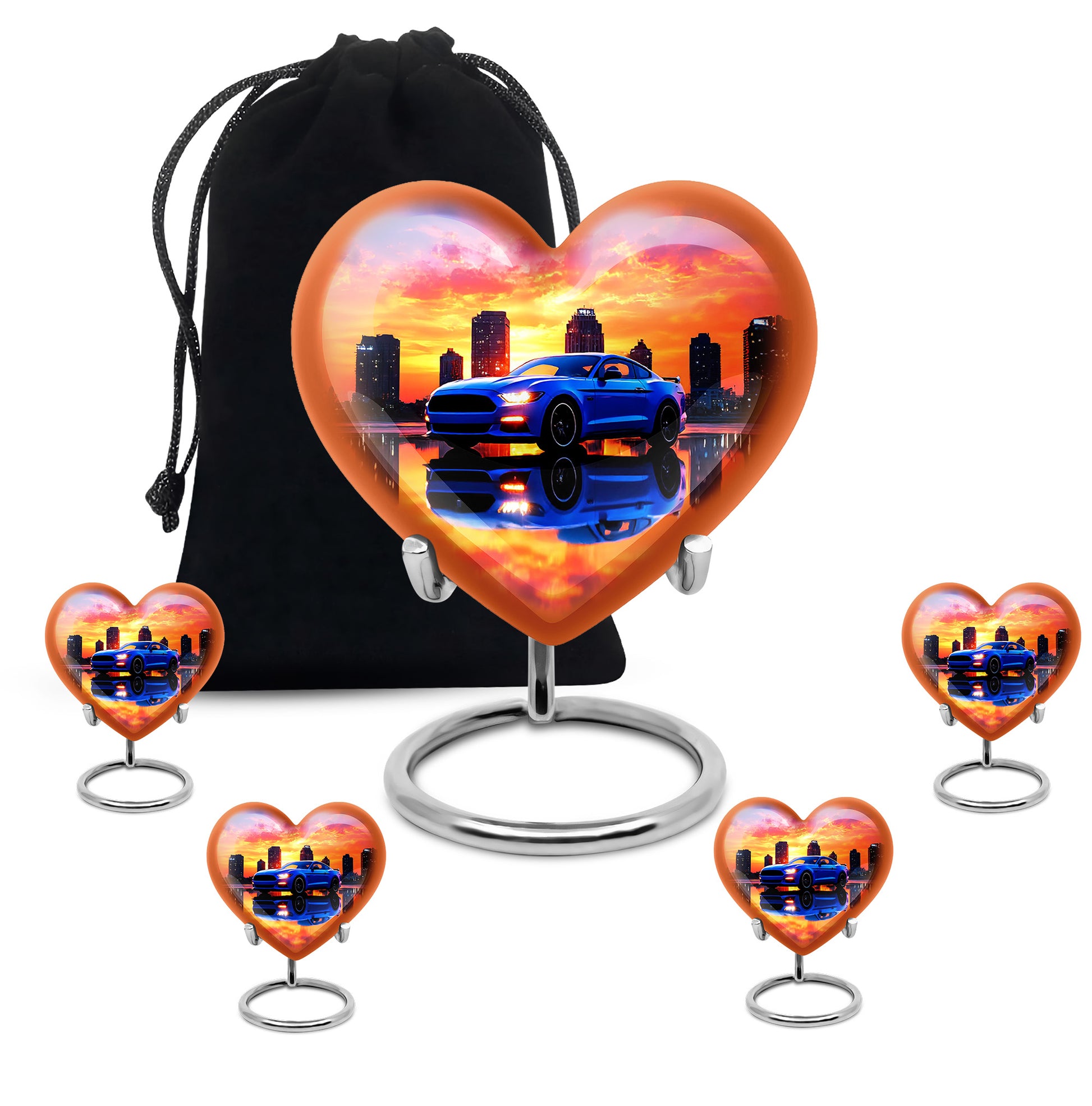 Amethyst Purple Car Cremation Urn close-up of engraving and surface detail - heart-shaped car design symbolizing eternal love - memorial set with one large and four small urns