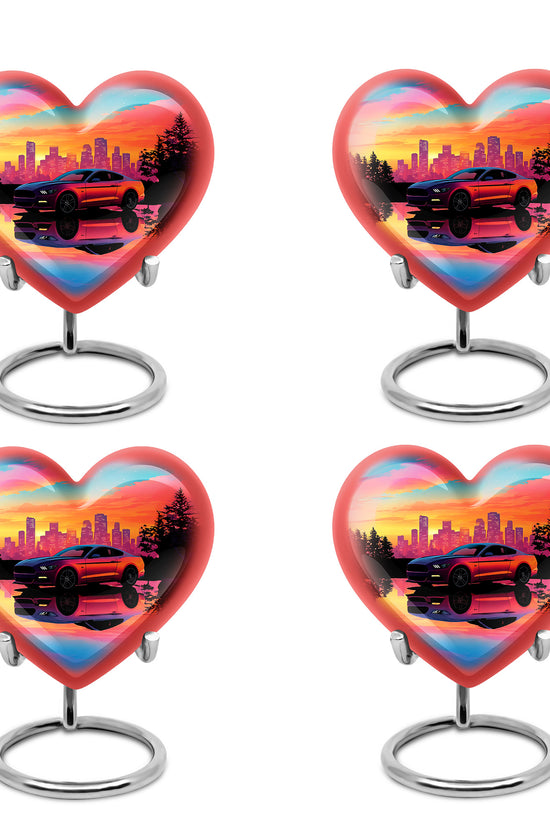 Pastel Blue Car Cremation Urn angled view of lid and engraved motif - heart-shaped car design symbolizing eternal love - 10 inch aluminum urn for cremated remains